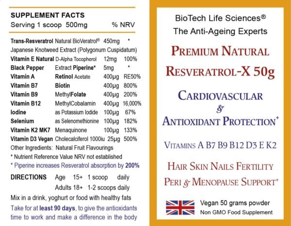 Resveratrol-X + Vit A B7 B9 B12 D3 E K2  Iodine & Selenium 50g - Image 2