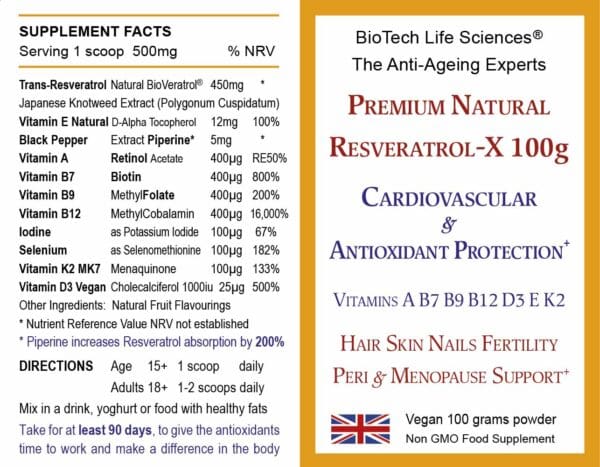 Resveratrol-X + Vit A B7 B9 B12 D3 E K2  Iodine & Selenium 100g - Image 2