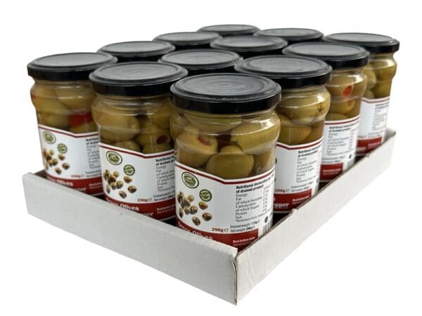 Korvel Greek Green Olives with Sweet Red Pepper Super Colossal 290g - Image 2
